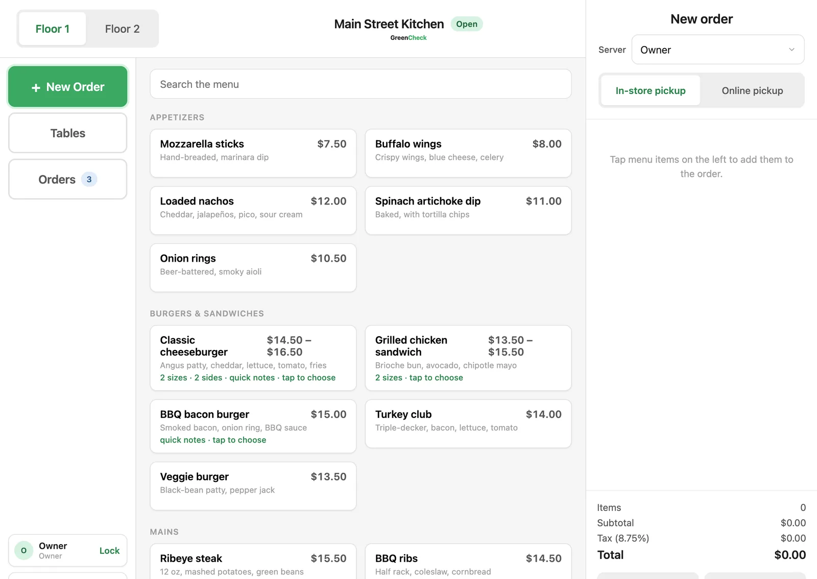 Taking a dine-in order on the GreenCheck register